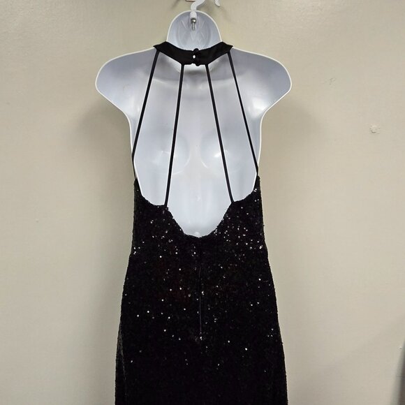 B. Darlin 9/10 Y2K Vintage Black Sequin Halter Maxi Dress Strappy Open Back Fron - Picture 5 of 10